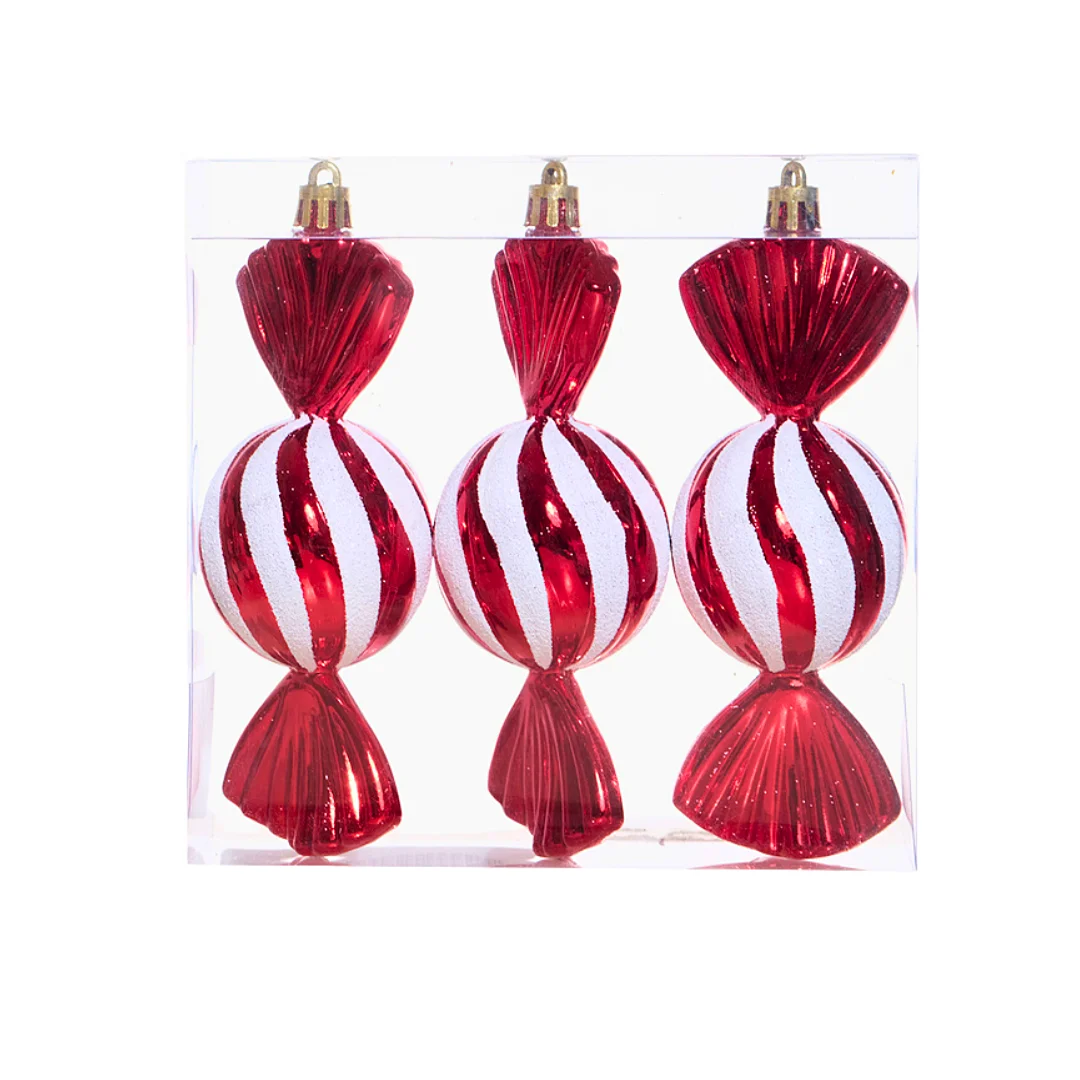 Juego de Ornamentos Esferas-Caramelo Rojo-Blanco *3 Unidades