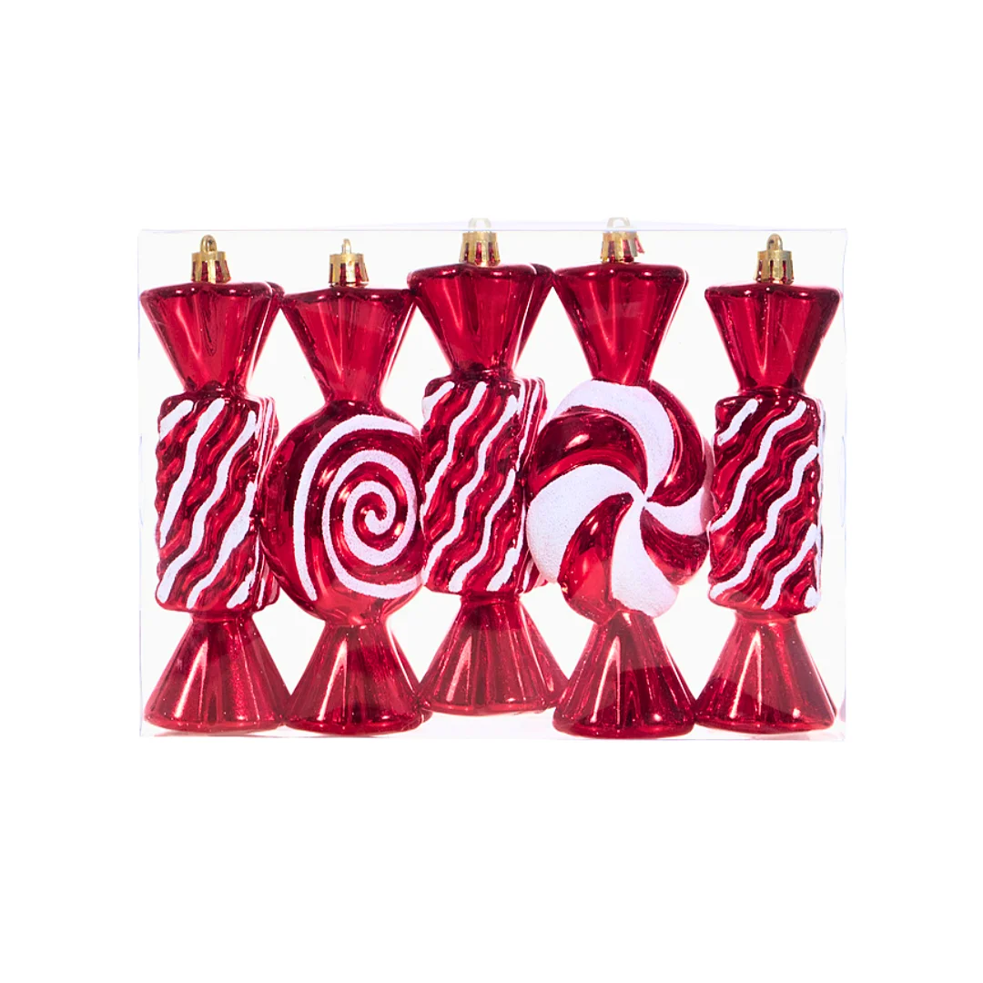 Juego de Ornamentos de Caramelo Rojo -Blanco *5 Unidades